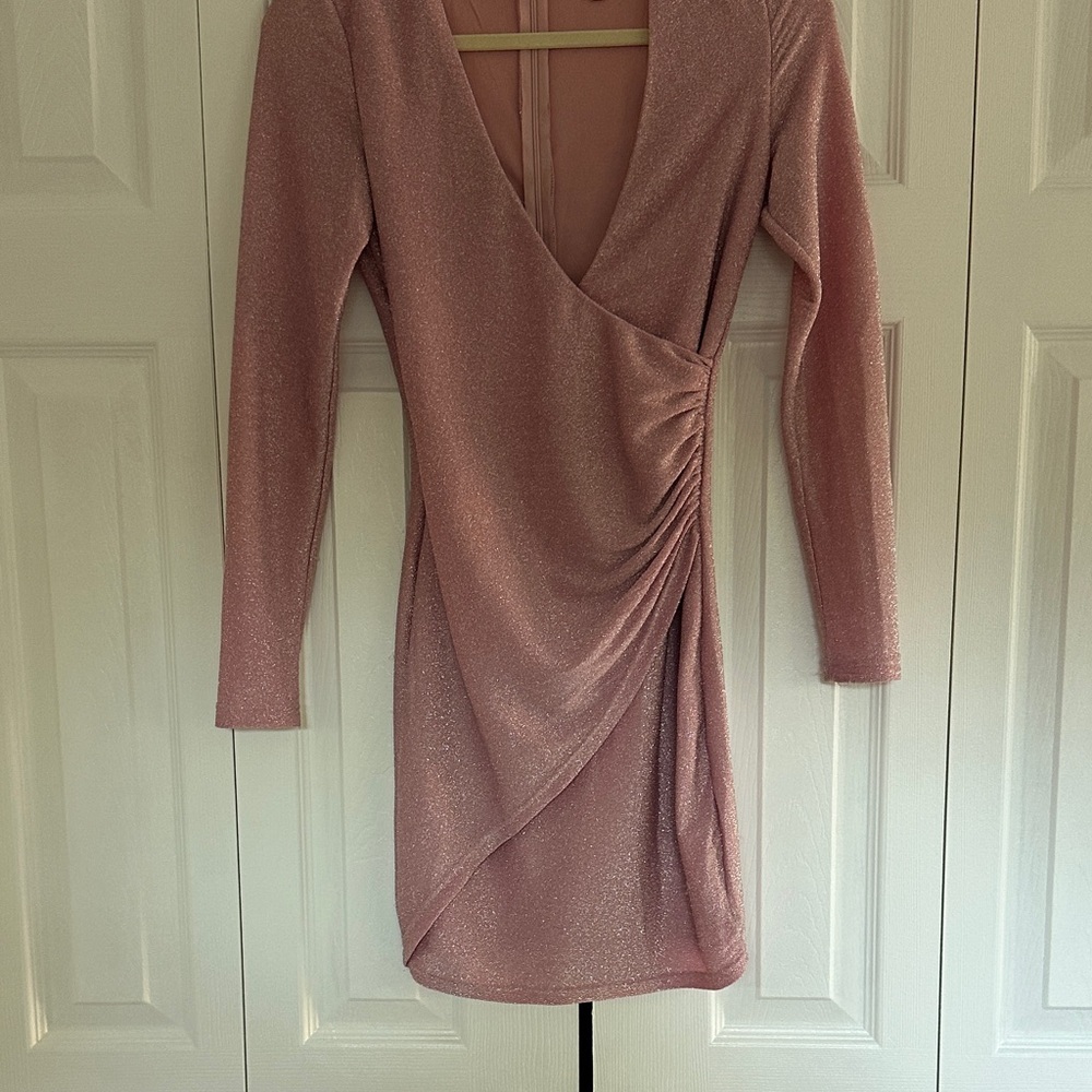 superdown Dusty Rose Sparkle Wrap-Effect Long Sleeve Dress